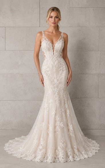 V-Neck Lace Mermaid Wedding Dress with Spaghetti Straps and Chapel Train