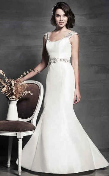Mermaid Cap-Sleeve Beaded Floor-Length V-Neck Satin Wedding Dress With Waist Jewellery