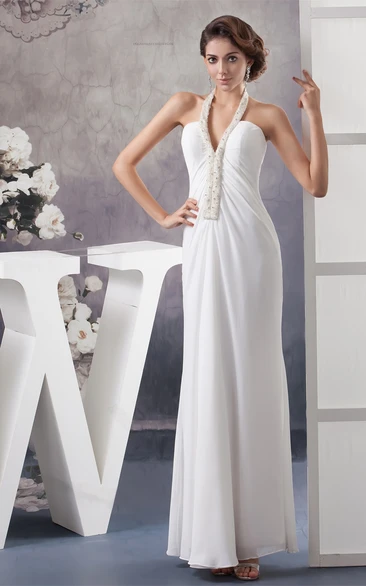 Notched Chiffon Ankle-Length Halter and Dress With Beading