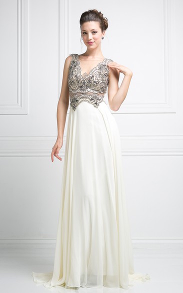 A-Line Maxi Bateau Sleeveless Jersey Illusion Dress With Beading