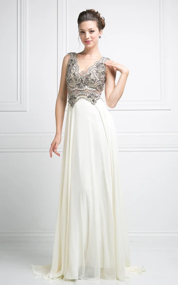 A-Line Maxi Bateau Sleeveless Jersey Illusion Dress With Beading