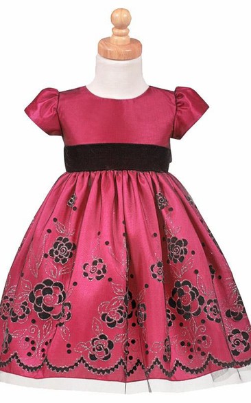 Tea-Length Cap-Sleeve Tiered Tulle&Taffeta Flower Girl Dress With Split