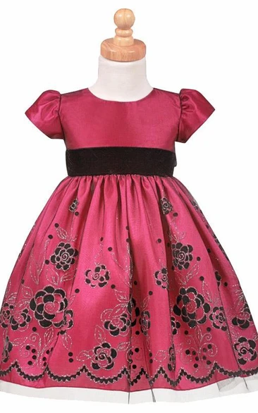 Tea-Length Cap-Sleeve Tiered Tulle&Taffeta Flower Girl Dress With Split
