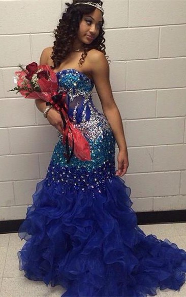 Modern Strapless Royal Blue Prom Dresses Crystal Organza Mermaid Party Gowns