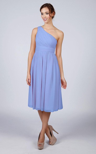 One Shoulder Pleated A-line Chiffon Tea Length Dress Kingfisher Blue