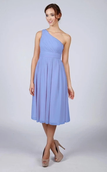 One Shoulder Pleated A-line Chiffon Tea Length Dress Kingfisher Blue