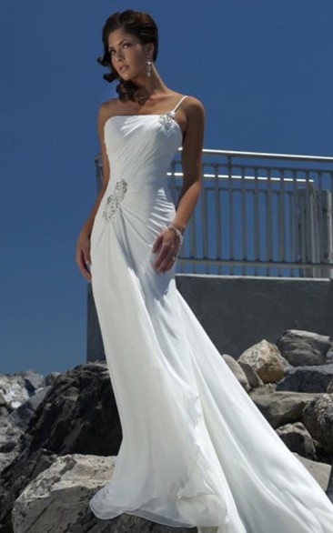 sheath Empire One Shoulder Chiffon Beach Simple Wedding Dress
