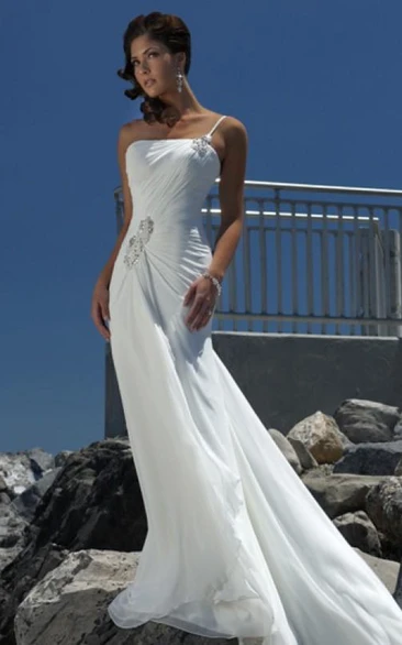sheath Empire One Shoulder Chiffon Beach Simple Wedding Dress