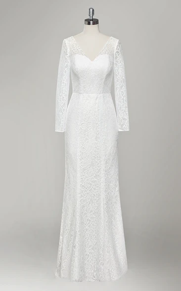 V-Neck Long Sleeve Sheath Lace Wedding Dress