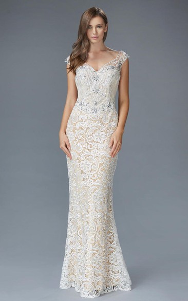 Sheath Floor-Length V-Neck Cap-Sleeve Lace Low-V Back Dress With Beading