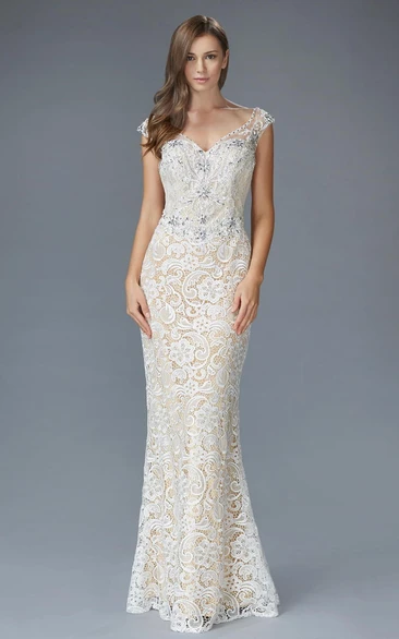 Sheath Floor-Length V-Neck Cap-Sleeve Lace Low-V Back Dress With Beading