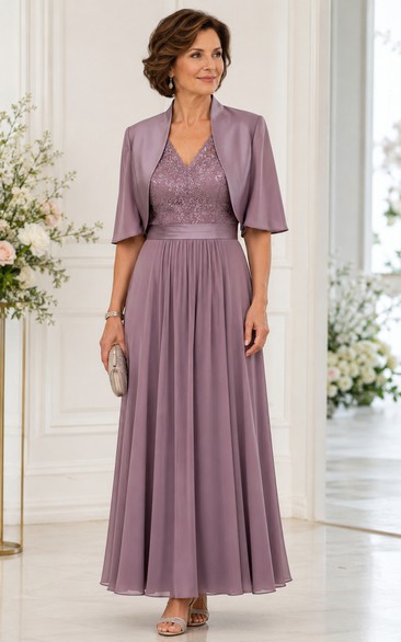 A-Line V-Neck Short Sleeve Chiffon Mother Dress with Lace
