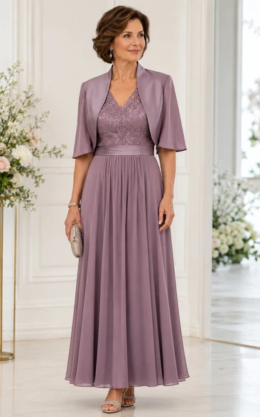 A-Line V-Neck Short Sleeve Chiffon Mother Dress with Lace