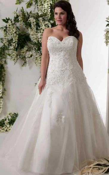 A-Line Sweetheart Lace & Tulle Plus Size Princess Wedding Dress With Lace Up