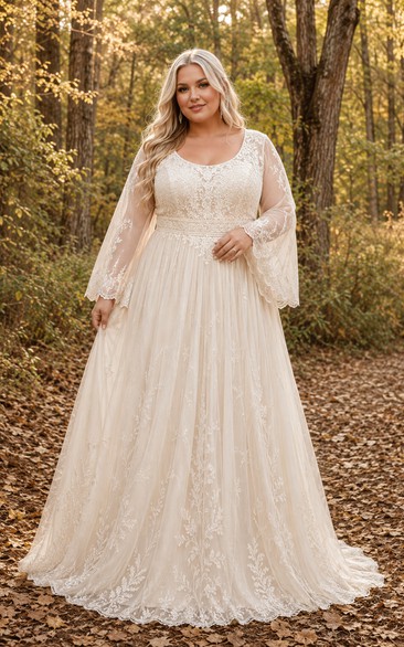 Plus Size Brautkleid in A-Linie mit Glockenärmeln und V-Ausschnitt aus Spitze