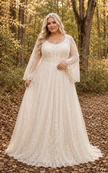 Plus Size Brautkleid in A-Linie mit Glockenärmeln und V-Ausschnitt aus Spitze