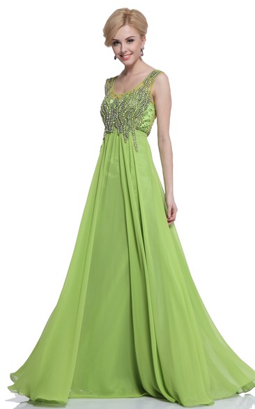 A-Line Maxi V-Neck Sleeveless Empire Chiffon Illusion Dress With Beading And Pleats