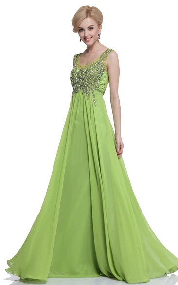 A-Line Maxi V-Neck Sleeveless Empire Chiffon Illusion Dress With Beading And Pleats