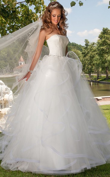 Long Strapless Appliqued Draped Tulle Wedding Dress