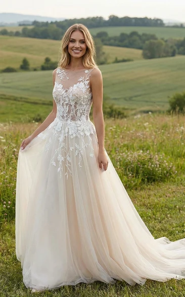 Romantic A-Line Wedding Dress with Illusion Lace Bodice and Tulle Skirt
