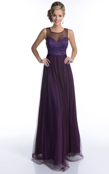 Square Neckline Sleeveless A-Line Tulle Bridesmaid Dress With Illusion Back