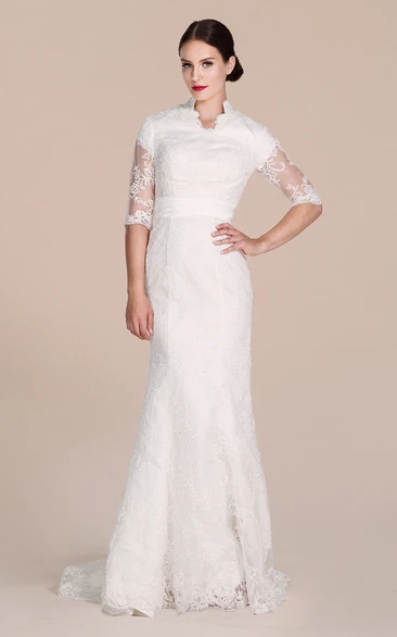 Half-sleeved Lace Gown With Illusion Sleeves