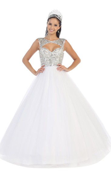 Ball Gown Long Scoop-Neck Tulle Satin Keyhole Dress With Crystal Detailing