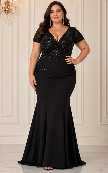 Plus Size Black Sequin Mermaid Evening Gown with V-Neck and Short Sleeves