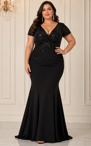 Plus Size Black Sequin Mermaid Evening Gown with V-Neck and Short Sleeves
