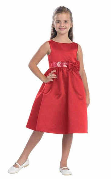 Knee-Length Tiered Bowed Sequins&Satin Flower Girl Dress With Sash