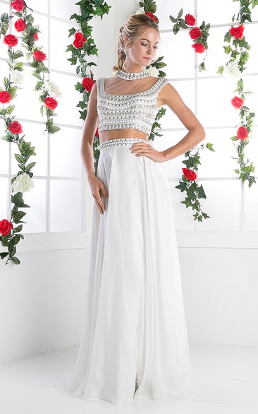 Two-Piece Sheath Long High Neck Sleeveless Chiffon Illusion Dress With Beading