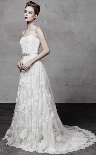 Jeweled Long Strapless Lace Wedding Dress With Appliques