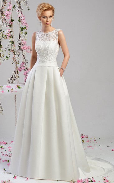 A-Line Appliqued Scoop-Neck Floor-Length Sleeveless Satin Wedding Dress With Embroidery