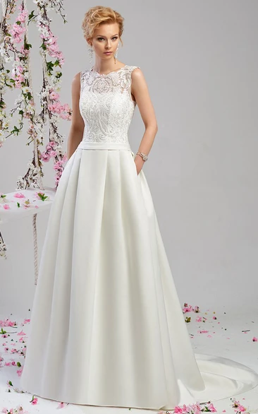 A-Line Appliqued Scoop-Neck Floor-Length Sleeveless Satin Wedding Dress With Embroidery