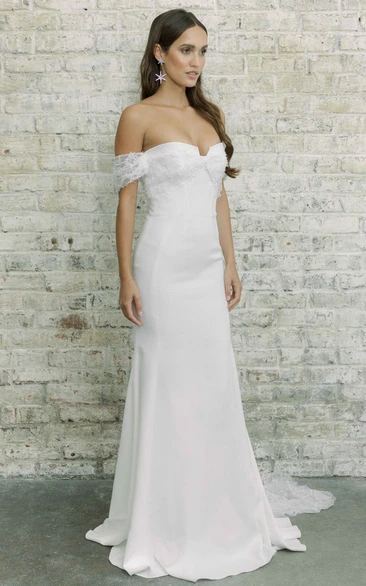 Modern Off-the-shoulder Sheath Floor-length Court Train Sleeveless Wedding Dress With Lace