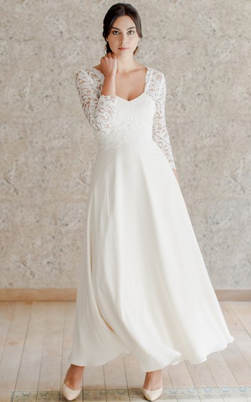 Casual Lace A Line Ankle-length 3/4 Length Sleeve Queen Anne Wedding Dress 