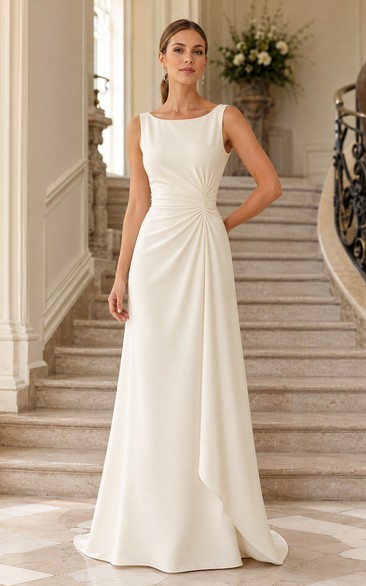 Plus Size White Simple Bateau Neck Wedding Dress with Side Drape and Floor-Length Skirt
