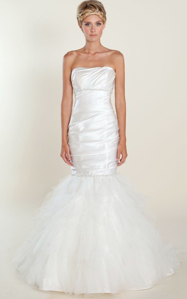 Trumpet Sleeveless Ruched Long Strapless Satin Wedding Dress With Beading And Ruffles