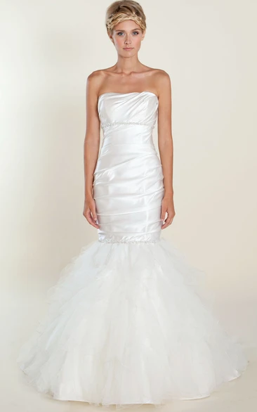 Trumpet Sleeveless Ruched Long Strapless Satin Wedding Dress With Beading And Ruffles