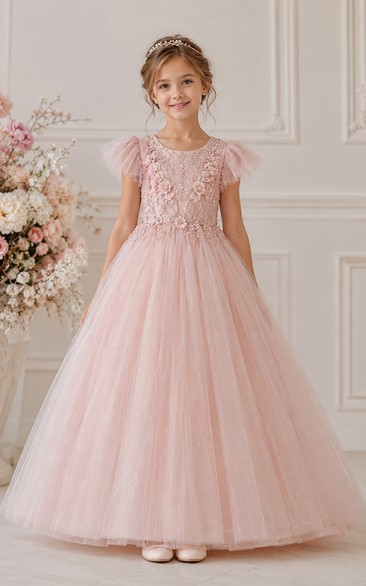 A-line Floor Length Cap Sleeve Tulle Lace Flower Girl Dress with Floral lace bodice and soft gathered tulle skirt