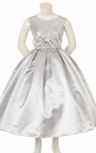 Tea-Length Bowed Sequins&Satin Flower Girl Dress