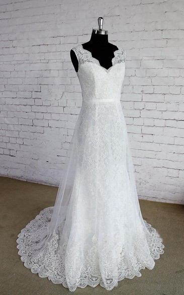 Sleeveless V-Neck A-Line Lace Bridal Dress With Low-V Back