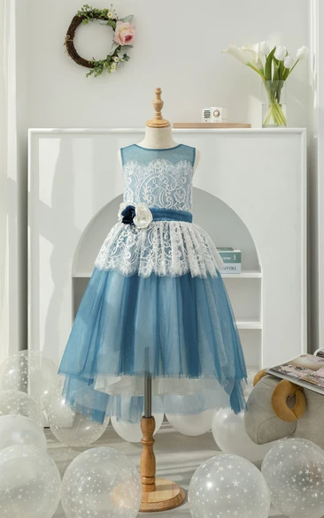 Lace Two-Tone White and Blue Ball Gown Flowergirl Dress with Petals