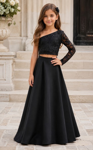 Robe de demoiselle d'honneur noire asymétrique deux pièces à manches en dentelle