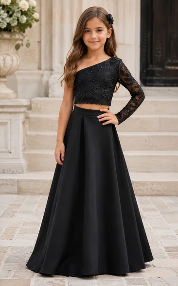 Robe de demoiselle d'honneur noire asymétrique deux pièces à manches en dentelle