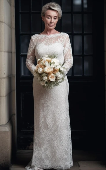 Modest Bateau-neck Lace Long Sleeve Sheath Casual Wedding Dress