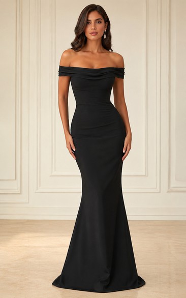Mermaid Satin Evening Dress with Off-the-shoulder, Sleeveless and Ruching, Floor Length