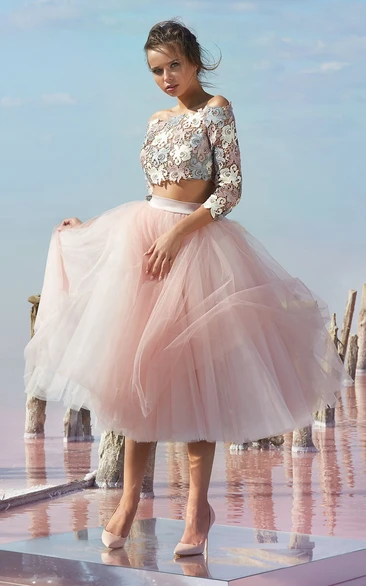 A Line Knee Length Off The Shoulder 3 4 Length Sleeve Tulle Button Dress