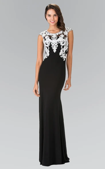 Sheath Floor-Length Cap-Sleeve Jersey Illusion Dress With Appliques