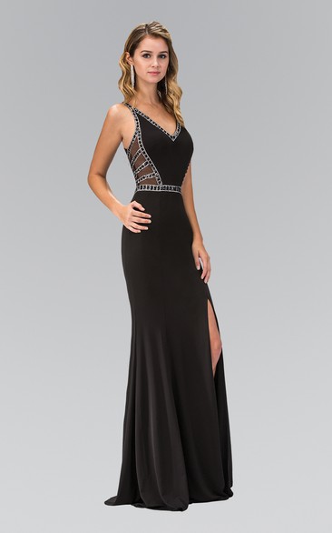 Sheath Long V-Neck Sleeveless Jersey Illusion Dress With Beading And Split Front